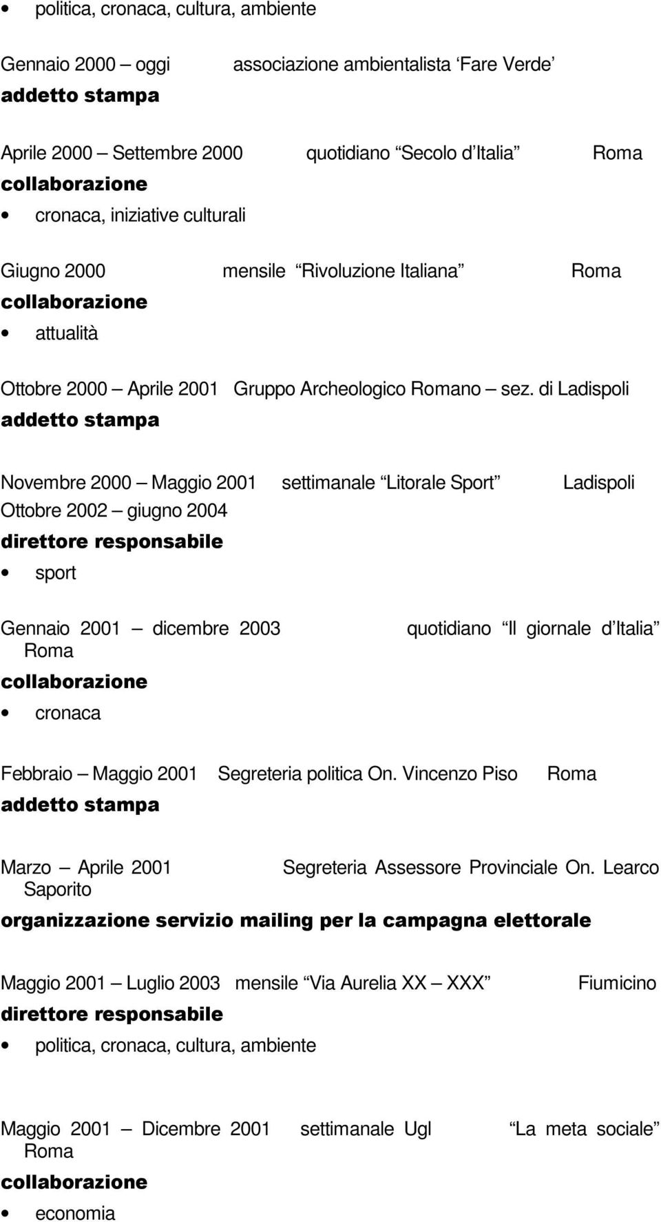 di Ladispoli Novembre 2000 Maggio 2001 settimanale Litorale Sport Ladispoli Ottobre 2002 giugno 2004 sport Gennaio 2001 dicembre 2003 cronaca quotidiano Il giornale d Italia Febbraio Maggio 2001