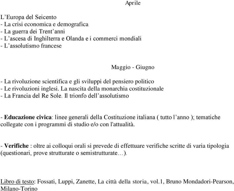 Il trionfo dell assolutismo - Educazione civica: linee generali della Costituzione italiana ( tutto l anno ); tematiche collegate con i programmi di studio e/o con l'attualità.