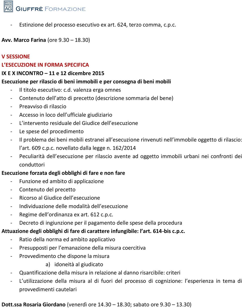 cembre 2015 Esecuzione per rilascio di