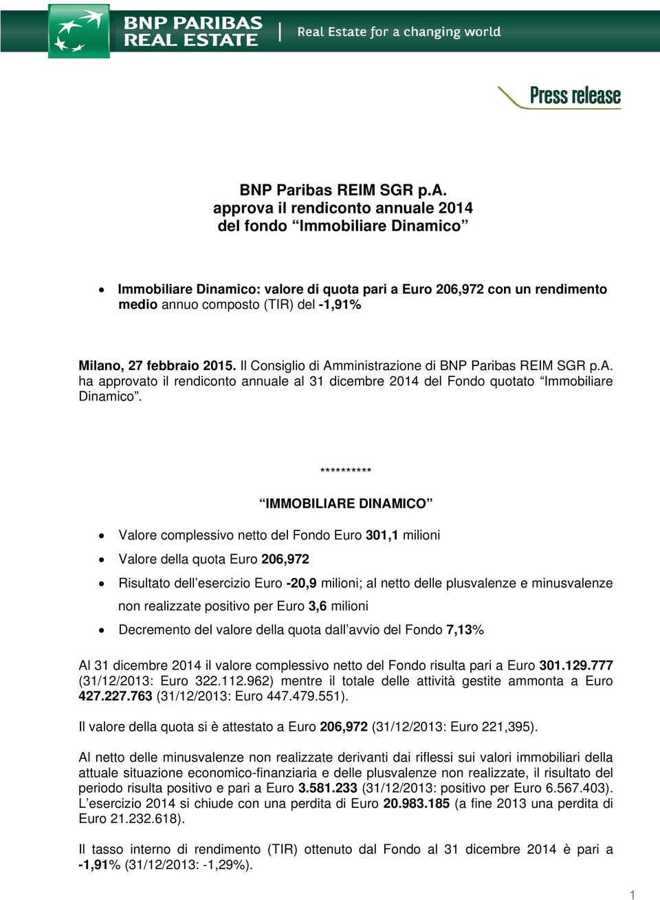 Milano, 27 febbraio 2015. Il Consiglio di Amministrazione di ibas REIM SGR p.a. ha approvato il rendiconto annuale al 31 dicembre 2014 del Fondo quotato Immobiliare Dinamico.
