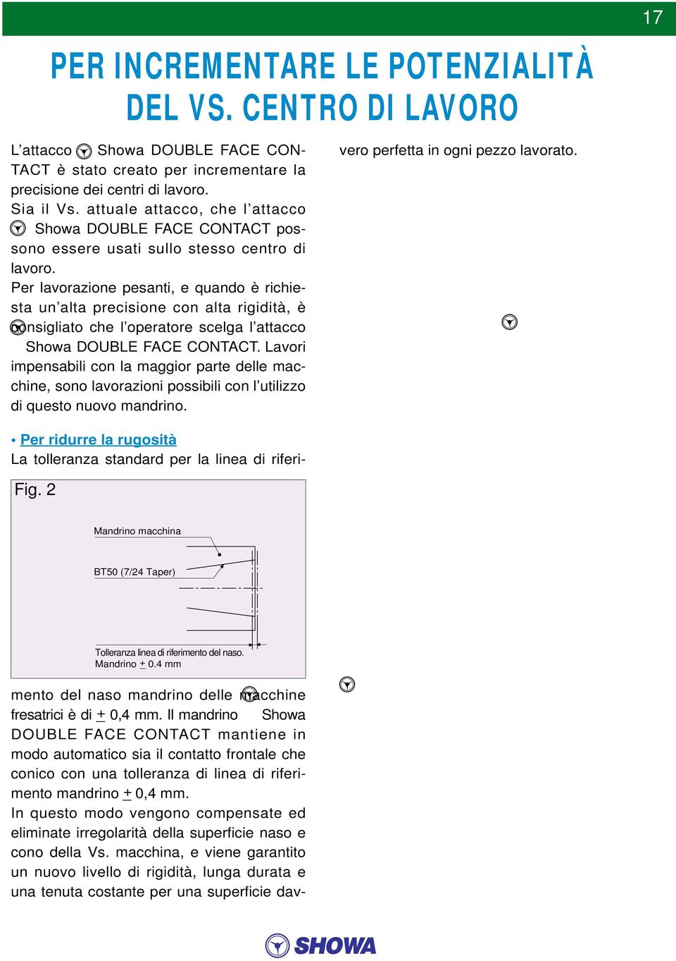 Per lavorazione pesanti, e quando è richiesta un alta precisione con alta rigidità, è consigliato che l operatore scelga l attacco Showa DOUBE FACE CONTACT.