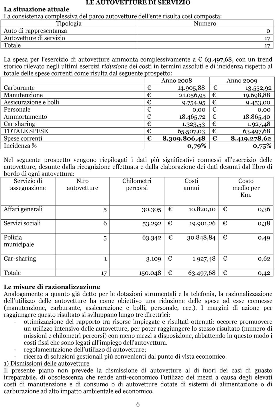 497,68, con un trend storico rilevato negli ultimi esercizi riduzione dei costi in termini assoluti e di incidenza rispetto al totale delle spese correnti come risulta dal seguente prospetto: Anno