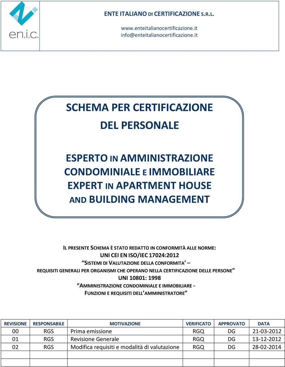 CONFORMITÀ ALLE NORME: UNI CEI EN ISO/IEC 17024:2012 SISTEMI DI VALUTAZIONE DELLA CONFORMITA REQUISITI GENERALI PER ORGANISMI CHE OPERANO NELLA CERTIFICAZIONE DELLE PERSONE UNI 10801: 1998