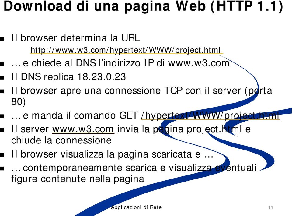 23 Il browser apre una connessione TCP con il server (porta 80) e manda il comando GET /hypertext/www/project.html Il server www.