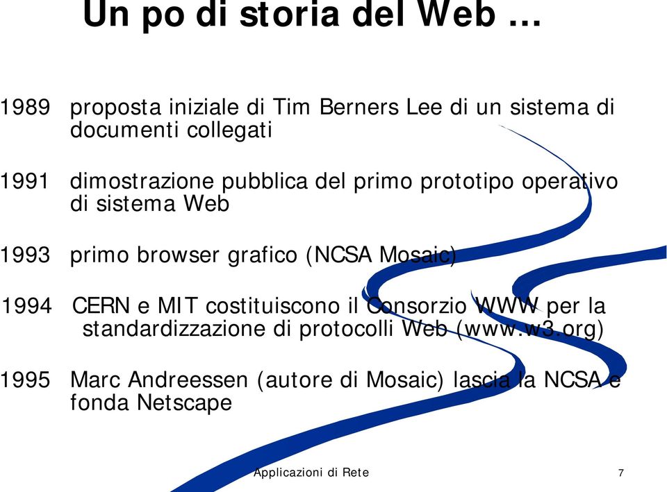 (NCSA Mosaic) 1994 CERN e MIT costituiscono il Consorzio WWW per la standardizzazione di protocolli Web