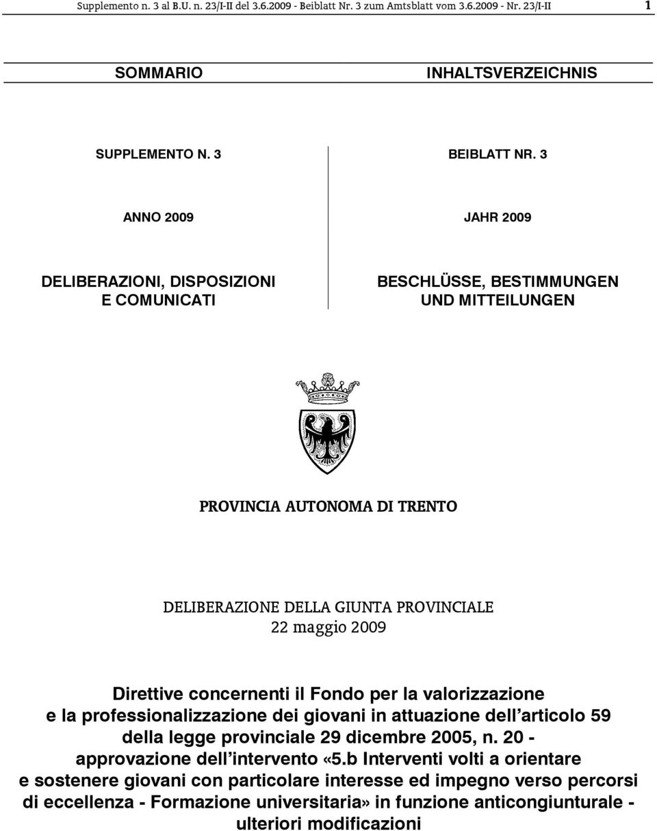 PROVINCIALE 22 maggio 2009 Direttive concernenti il Fondo per la valorizzazione e la professionalizzazione dei giovani in attuazione dell articolo 59 della legge provinciale 29 dicembre 2005, n.