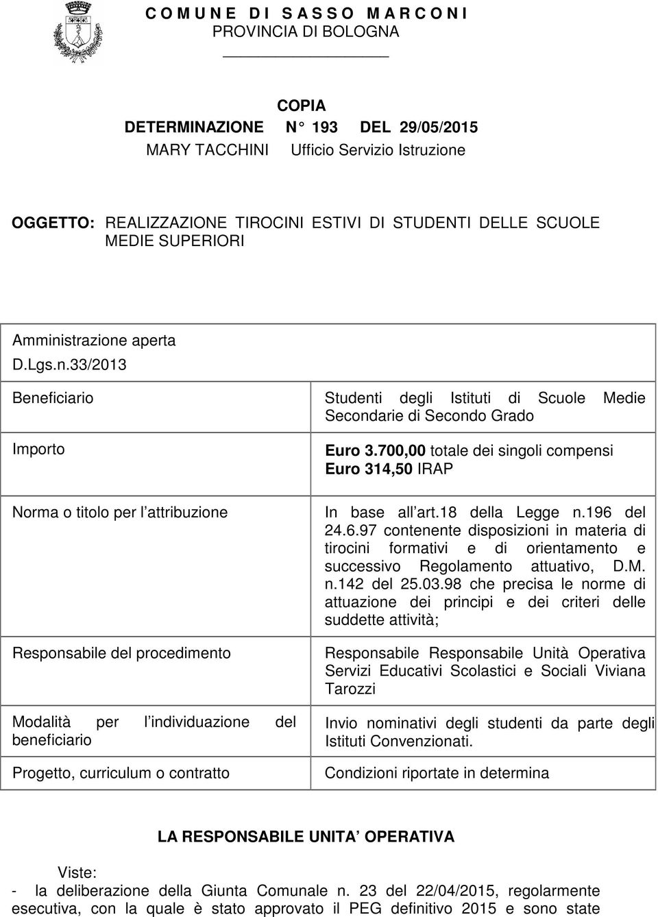 700,00 totale dei singoli compensi Euro 314,50 IRAP Norma o titolo per l attribuzione Responsabile del procedimento Modalità per l individuazione del beneficiario Progetto, curriculum o contratto In