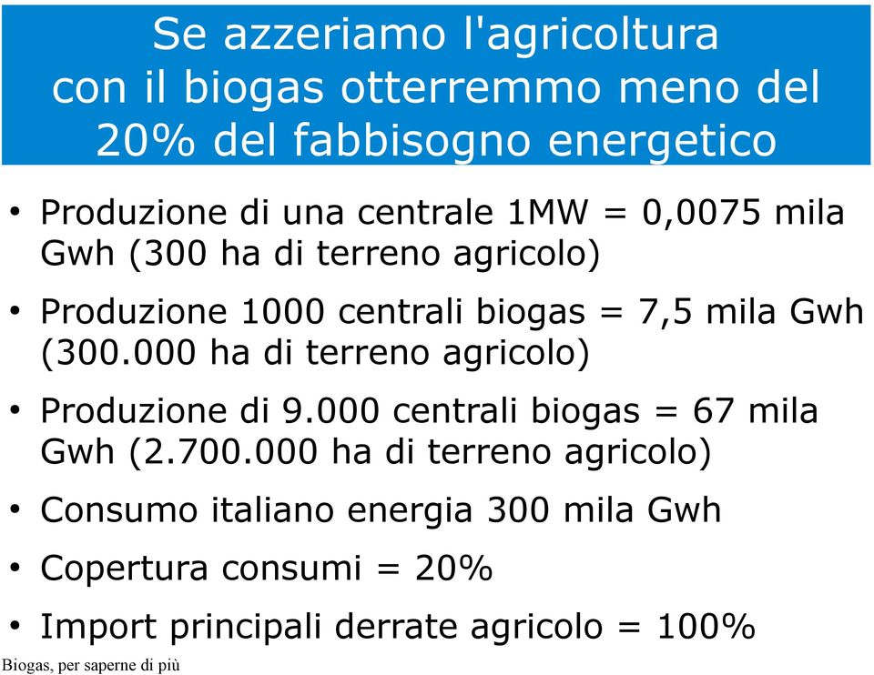 (300.000 ha di terreno agricolo) Produzione di 9.000 centrali biogas = 67 mila Gwh (2.700.