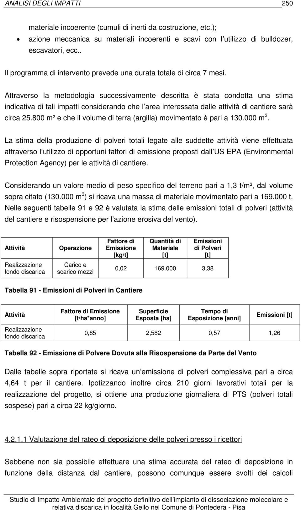 Attraverso la metodologia successivamente descritta è stata condotta una stima indicativa di tali impatti considerando che l area interessata dalle attività di cantiere sarà circa 25.