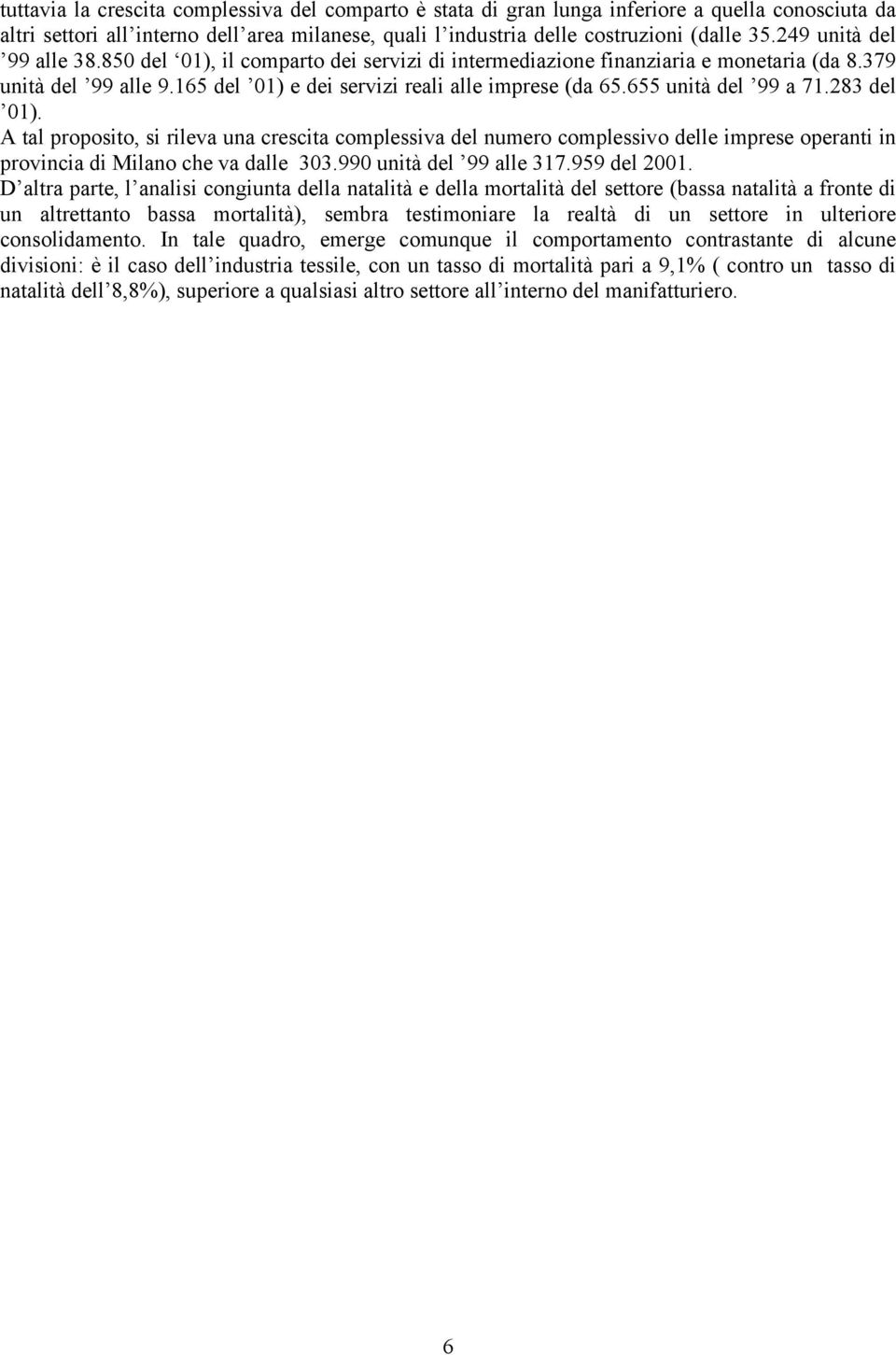 655 unità del 99 a 71.283 del 01). A tal proposito, si rileva una crescita complessiva del numero complessivo delle imprese operanti in provincia di Milano che va dalle 303.990 unità del 99 alle 317.