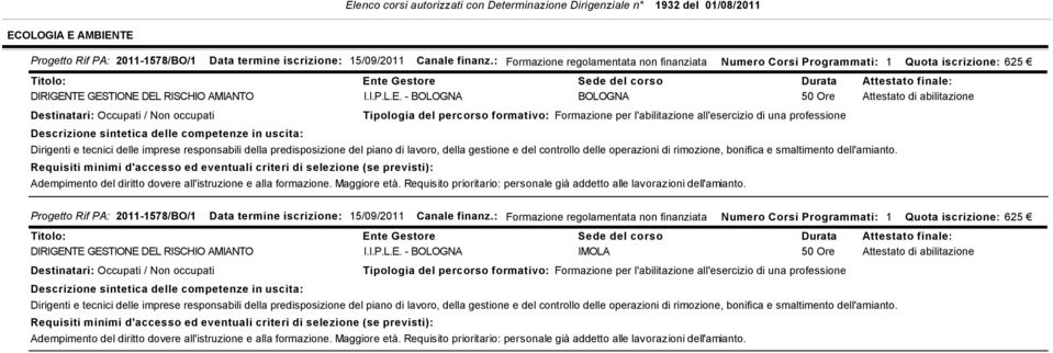 TE GESTIONE DEL RISCHIO AMIANTO I.I.P.L.E. - 50 Ore Attestato di abilitazione Dirigenti e tecnici delle imprese responsabili della predisposizione del piano di lavoro, della gestione e del controllo