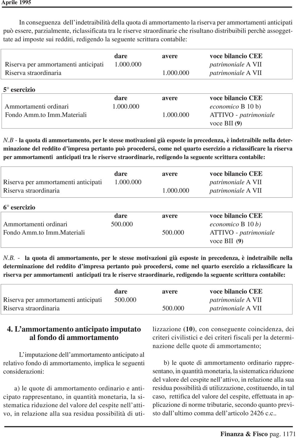 B - la quota di ammortamento, per le stesse motivazioni già esposte in precedenza, è indetraibile nella determinazione del reddito d impresa pertanto può procedersi, come nel quarto esercizio a