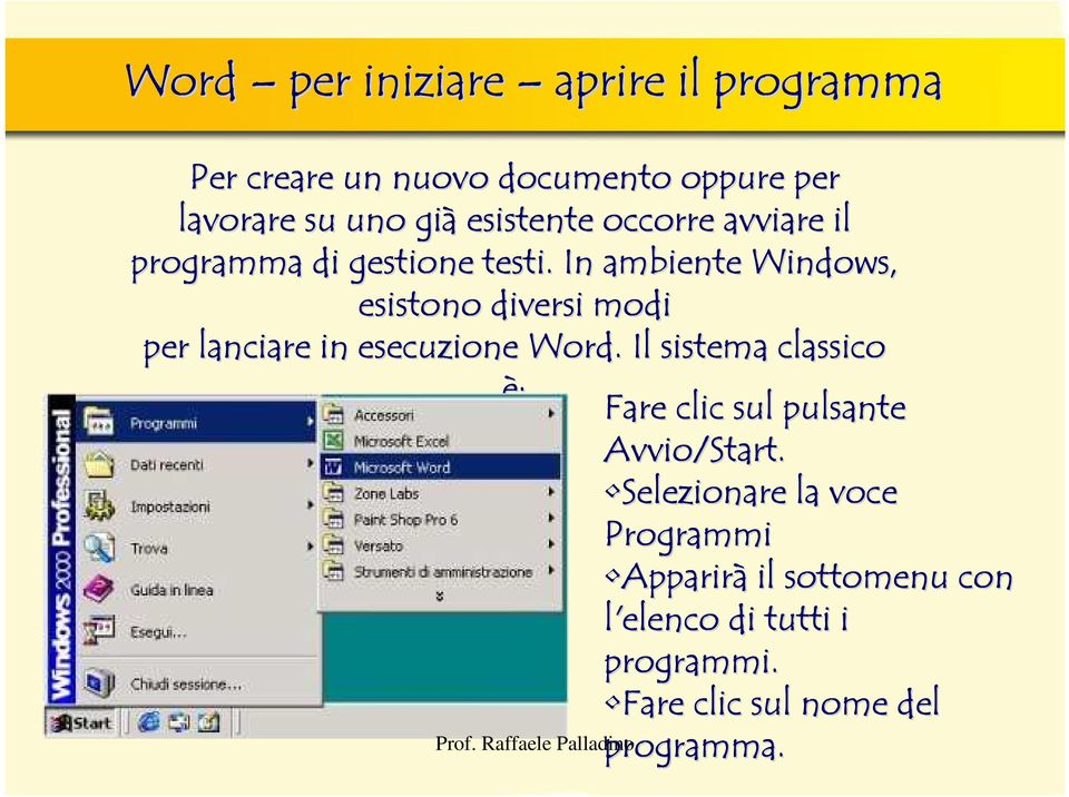 In ambiente Windows, esistono diversi modi per lanciare in esecuzione Word.