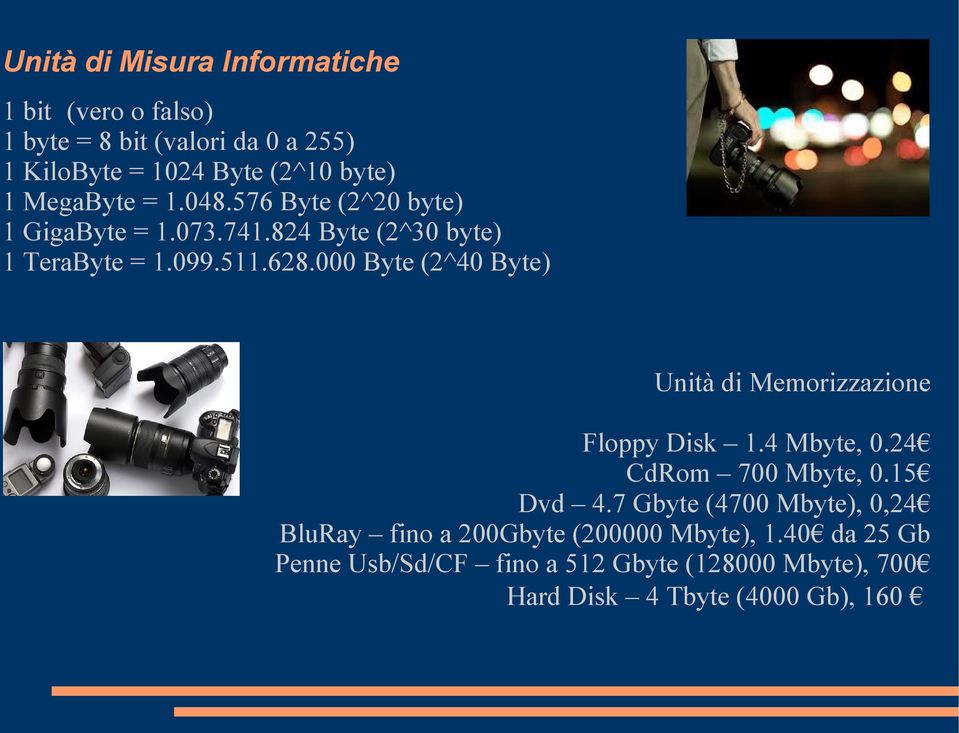 000 Byte (2^40 Byte) Unità di Memorizzazione Floppy Disk 1.4 Mbyte, 0.24 CdRom 700 Mbyte, 0.15 Dvd 4.