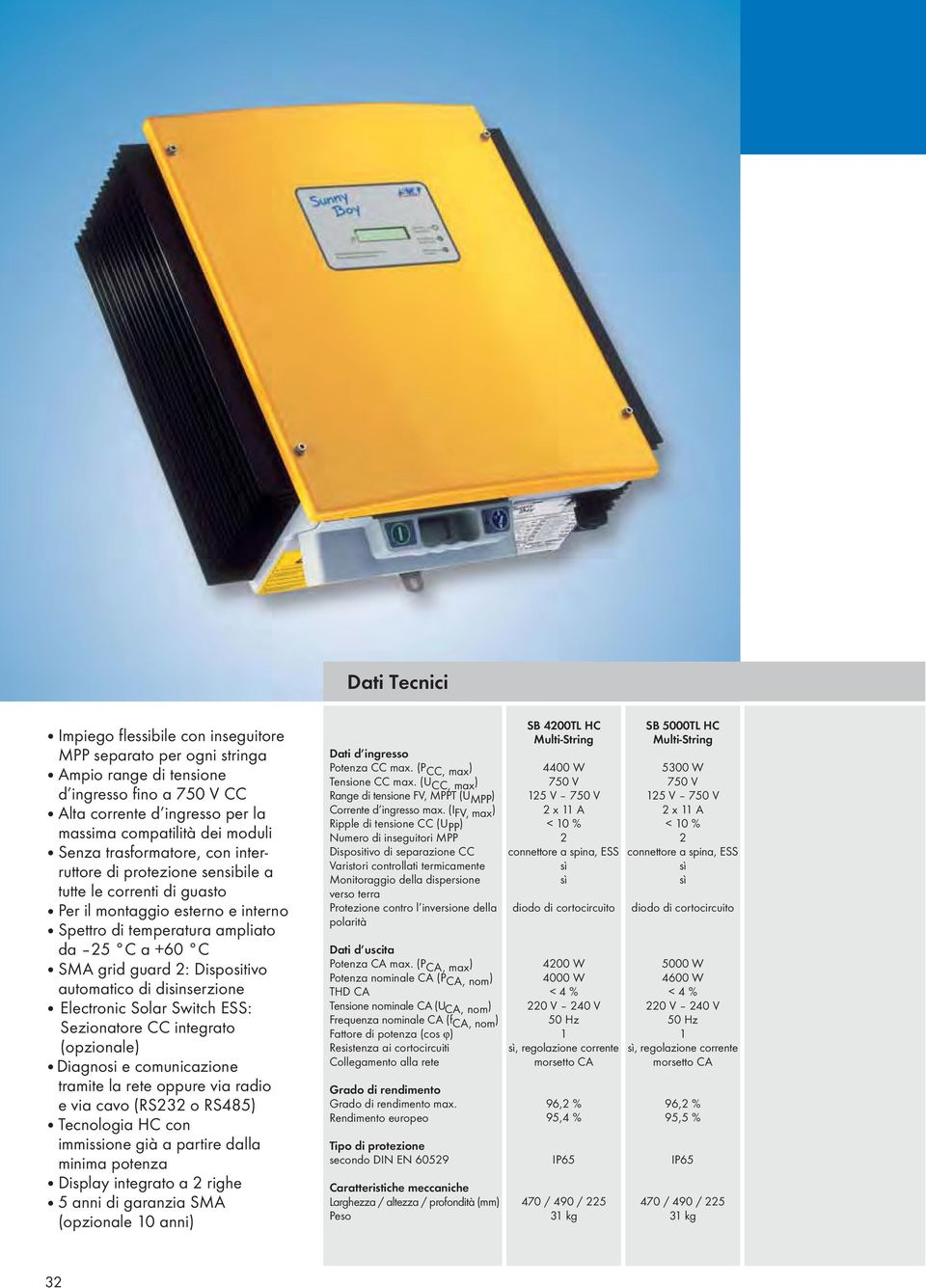 automatico di disinserzione Electronic Solar Switch ESS: Sezionatore CC integrato (opzionale) Diagnosi e comunicazione tramite la rete oppure via radio e via cavo (RS232 o RS485) Tecnologia HC con