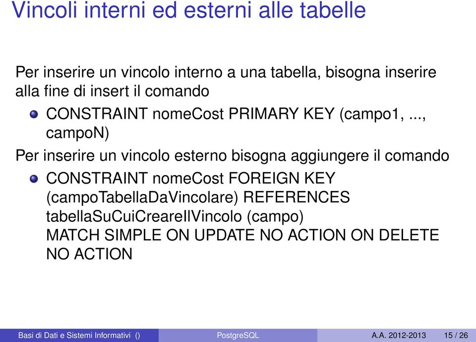 .., campon) Per inserire un vincolo esterno bisogna aggiungere il comando CONSTRAINT nomecost FOREIGN KEY