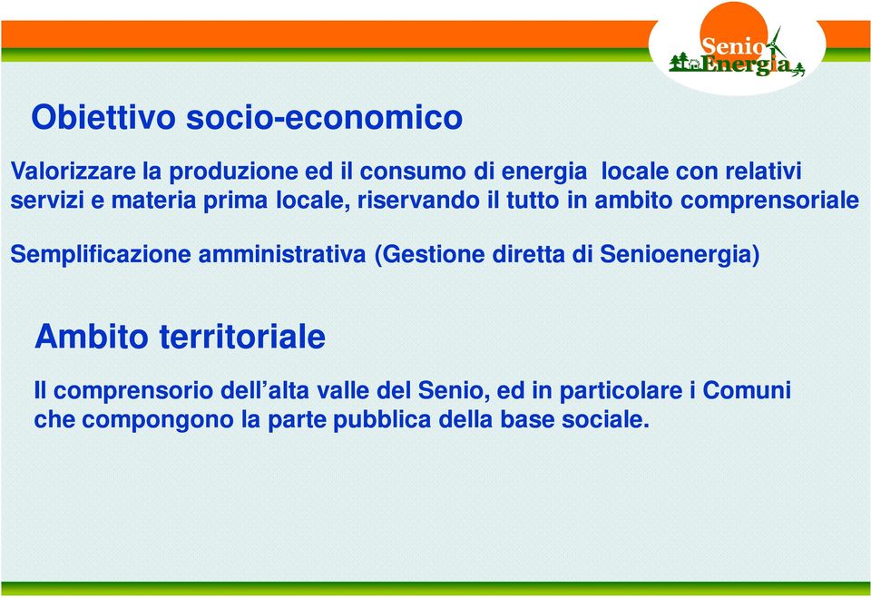 Semplificazione amministrativa (Gestione diretta di Senioenergia) Ambito territoriale Il