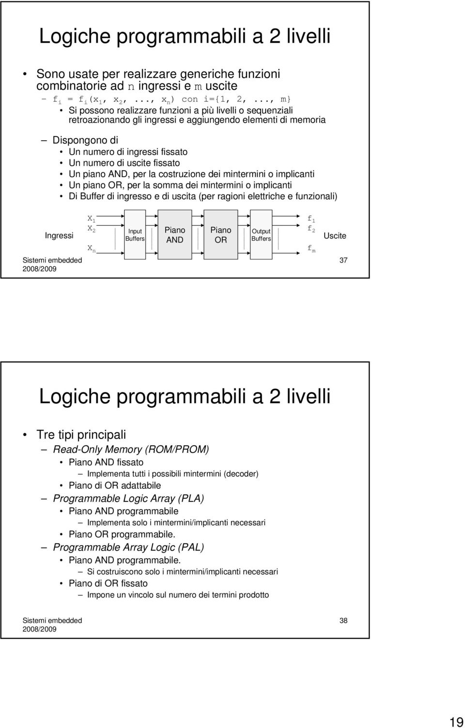 Un piano AND, per la costruzione dei mintermini o implicanti Un piano OR, per la somma dei mintermini o implicanti Di Buffer di ingresso e di uscita (per ragioni elettriche e funzionali) Ingressi X 1