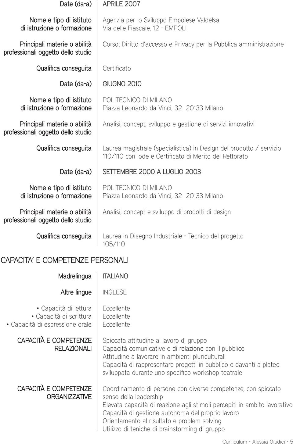 Rettorato SETTEMBRE 2000 A LUGLIO 2003 POLITECNICO DI MILANO Piazza Leonardo da Vinci, 32 20133 Milano Analisi, concept e sviluppo di prodotti di design Laurea in Disegno Industriale - Tecnico del