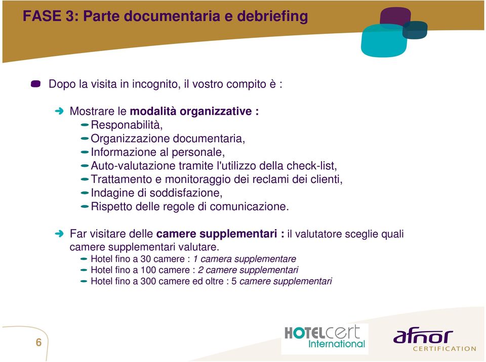 di soddisfazione, Rispetto delle regole di comunicazione. Far visitare delle camere supplementari : il valutatore sceglie quali camere supplementari valutare.