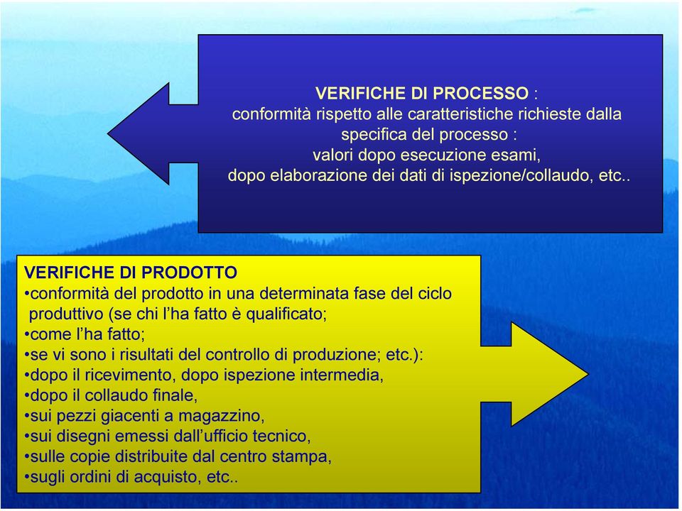 . VERIFICHE DI PRODOTTO conformità del prodotto in una determinata fase del ciclo produttivo (se chi l ha fatto è qualificato; come l ha fatto; se vi