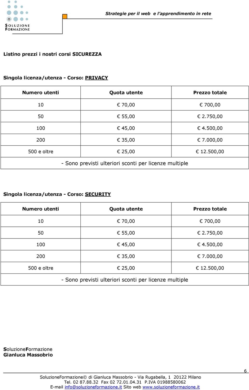 500,00 Singola licenza/utenza - Corso: SECURITY 10 70,00 500,00 SoluzioneFormazione