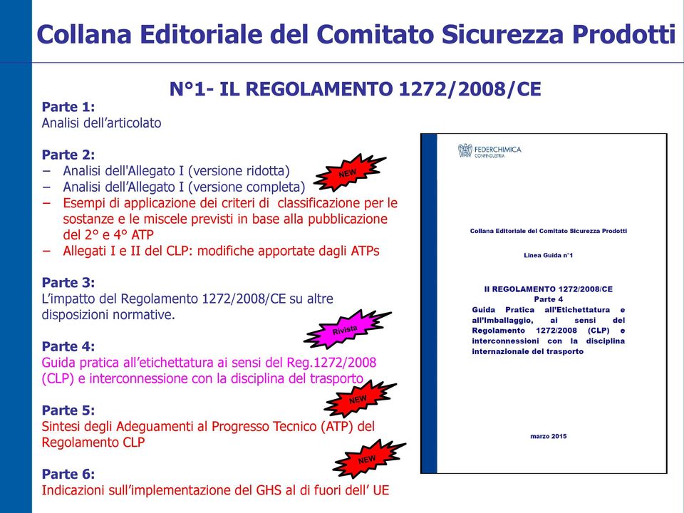 modifiche apportate dagli ATPs Parte 3: L impatto del Regolamento 1272/2008/CE su altre disposizioni normative. Parte 4: Guida pratica all etichettatura ai sensi del Reg.