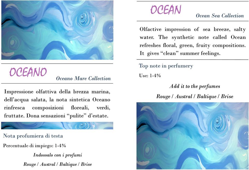 OCEANO Impressione olfattiva della brezza marina, dell acqua salata, la nota sintetica Oceano rinfresca composizioni floreali, verdi,