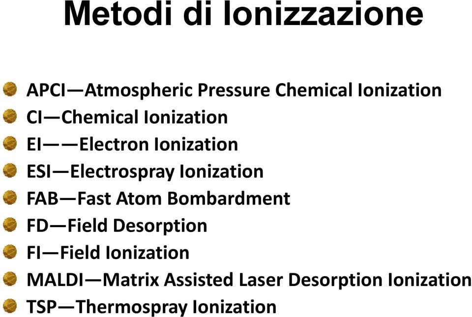 FAB Fast Atom Bombardment FD Field Desorption FI Field Ionization MALDI