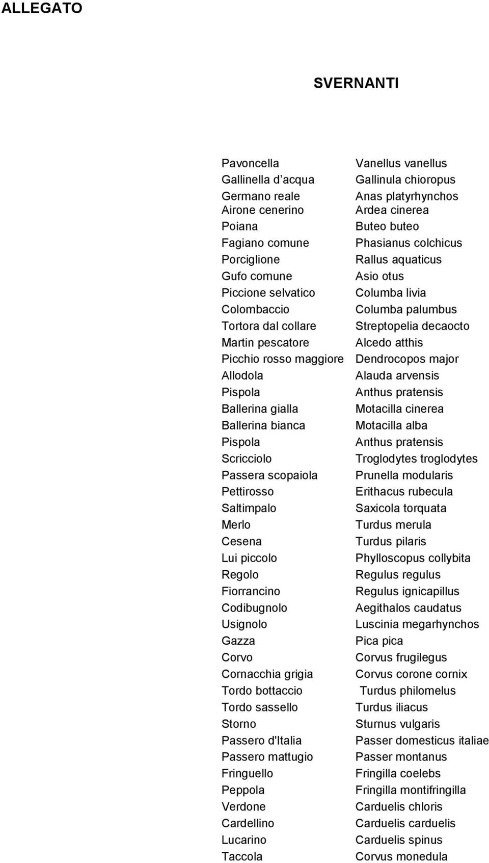 Gazza Corvo Cornacchia grigia Tordo bottaccio Tordo sassello Storno Passero d'italia Passero mattugio Fringuello Peppola Verdone Cardellino Lucarino Taccola Vanellus vanellus Gallinula chioropus Anas