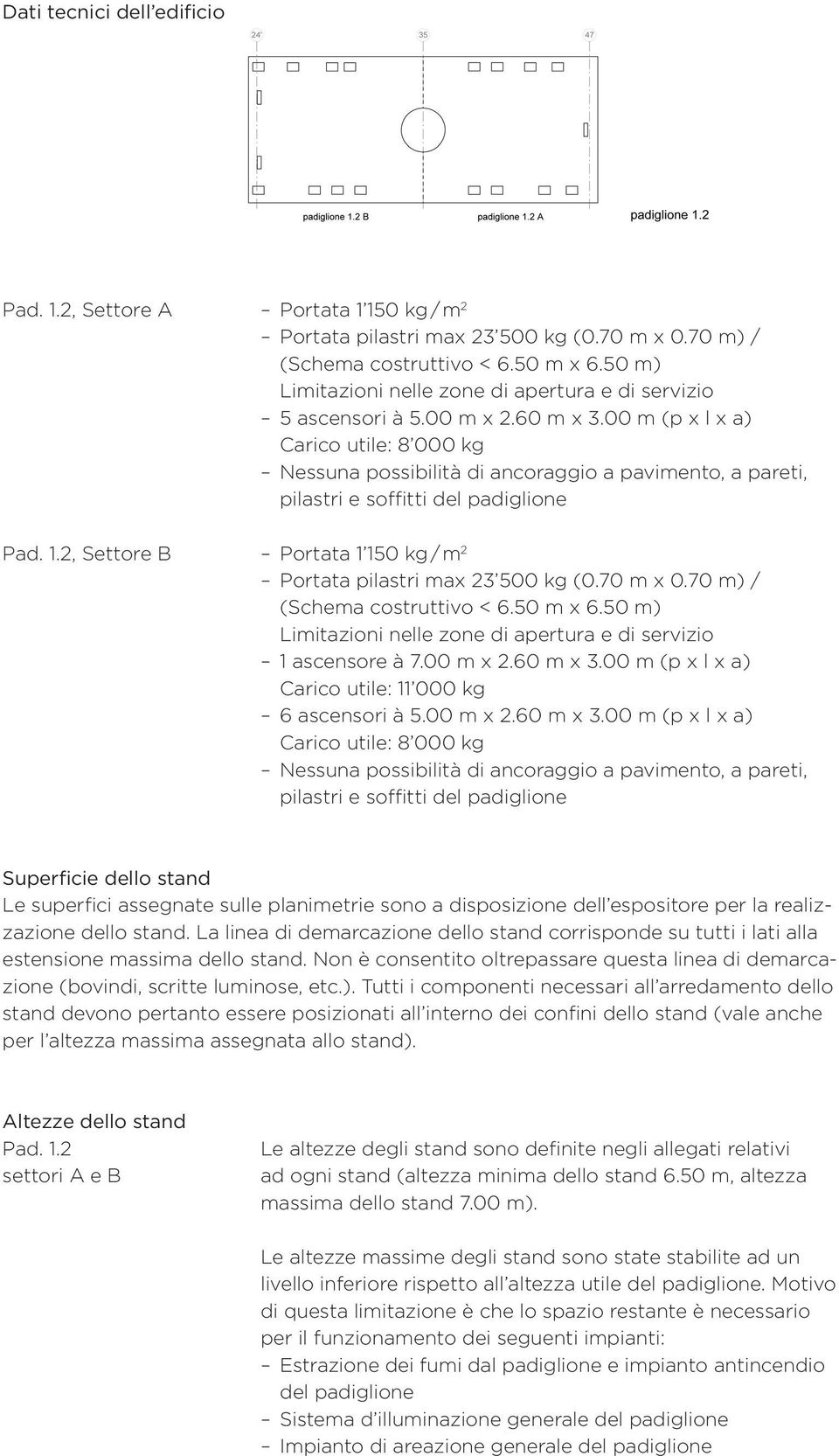 00 m (p x l x a) Carico utile: 8 000 kg nessuna possibilità di ancoraggio a pavimento, a pareti, pilastri e soffitti del padiglione Pad. 1.