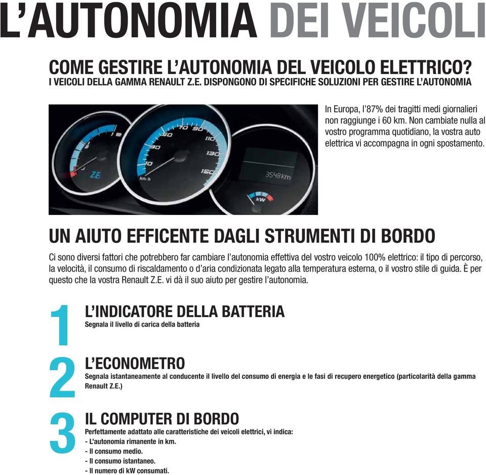 UN AIUTO EFFICENTE DAGLI STRUMENTI DI BORDO Ci sono diversi fattori che potrebbero far cambiare l autonomia effettiva del vostro veicolo 100% elettrico: il tipo di percorso, la velocità, il consumo