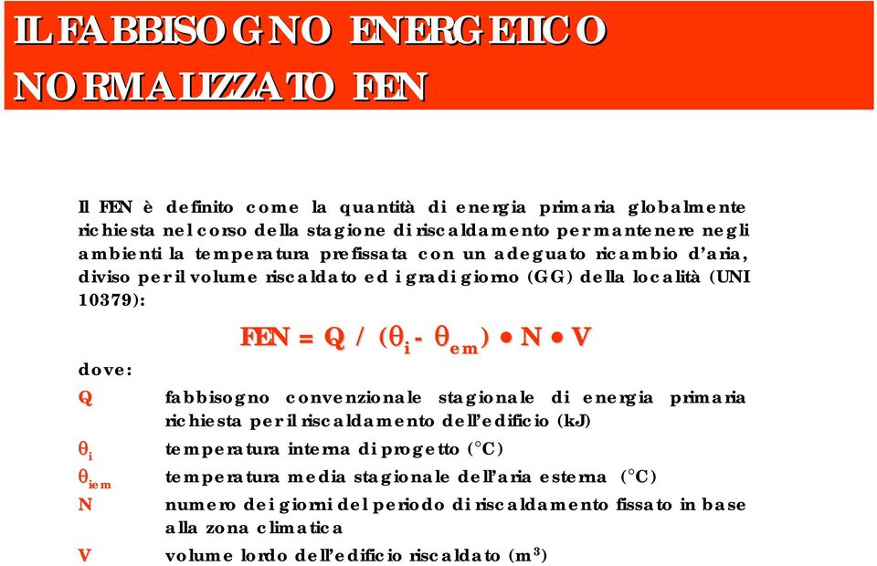 FEN = Q / (θ( i - θ em ) N V fabbisogno convenzionale stagionale di energia primaria richiesta per il riscaldamento dell edificio (kj) temperatura interna di progetto ( C)