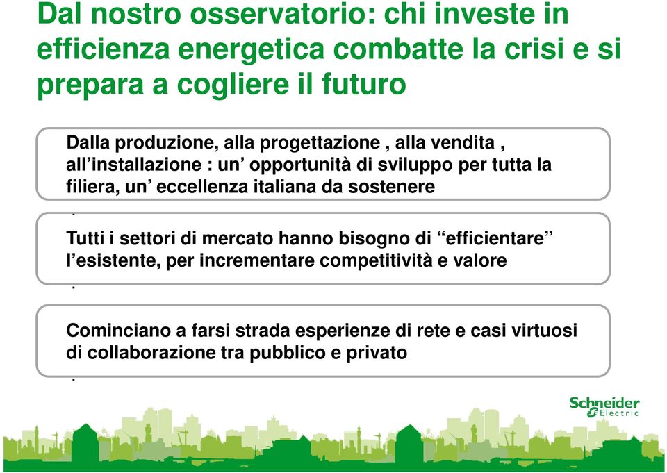 eccellenza italiana da sostenere Tutti i settori di mercato hanno bisogno di efficientare l esistente, per incrementare