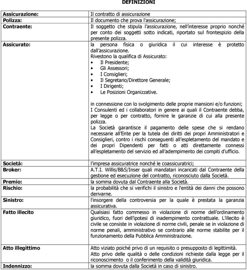 Rivestono la qualifica di Assicurato: Il Presidente; Gli Assessori; I Consiglieri; Il Segretario/Direttore Generale; I Dirigenti; Le Posizioni Organizzative.