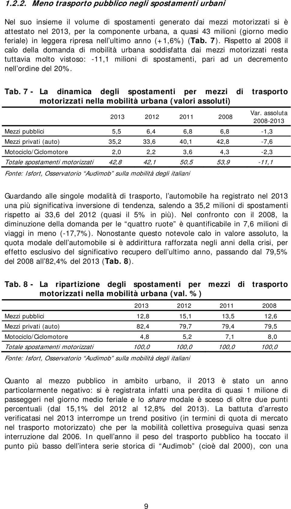 Rispetto al 2008 il calo della domanda di mobilità urbana soddisfatta dai mezzi motorizzati resta tuttavia molto vistoso: -11,1 milioni di spostamenti, pari ad un decremento nell ordine del 20%. Tab.