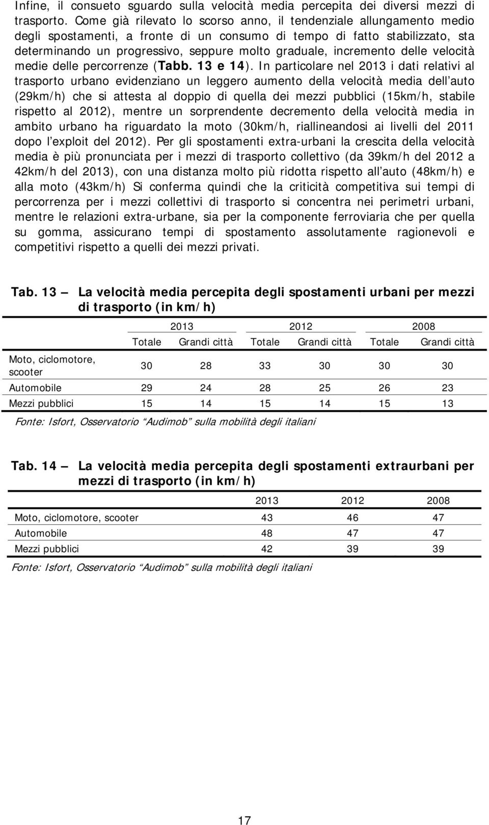 incremento delle velocità medie delle percorrenze (Tabb. 13 e 14).