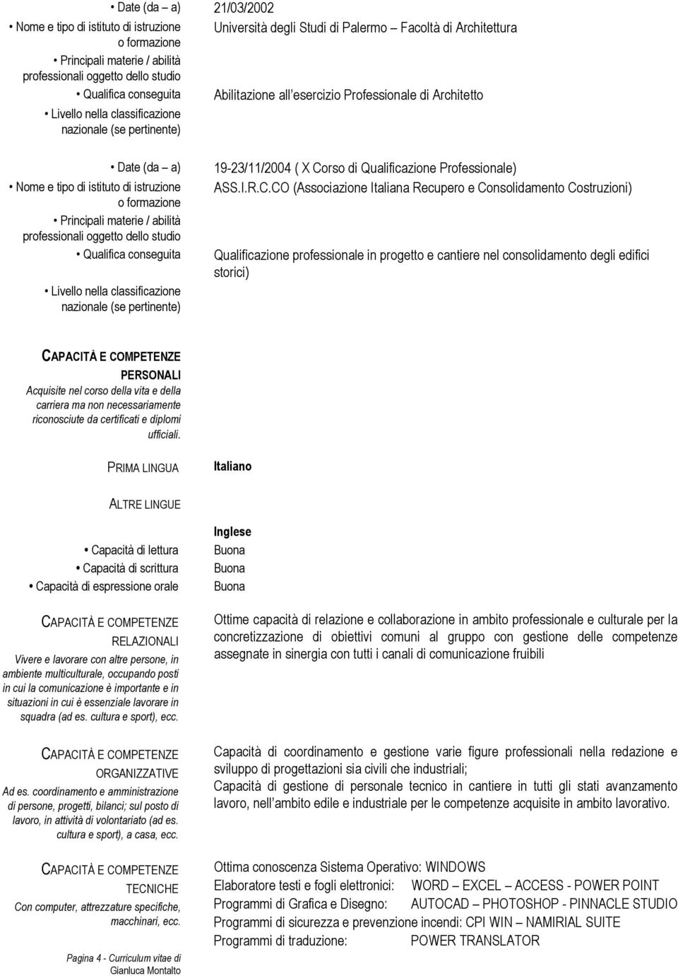abilità professionali oggetto dello studio Qualifica conseguita Livello nella classificazione nazionale (se pertinente) 19-23/11/2004 ( X Co