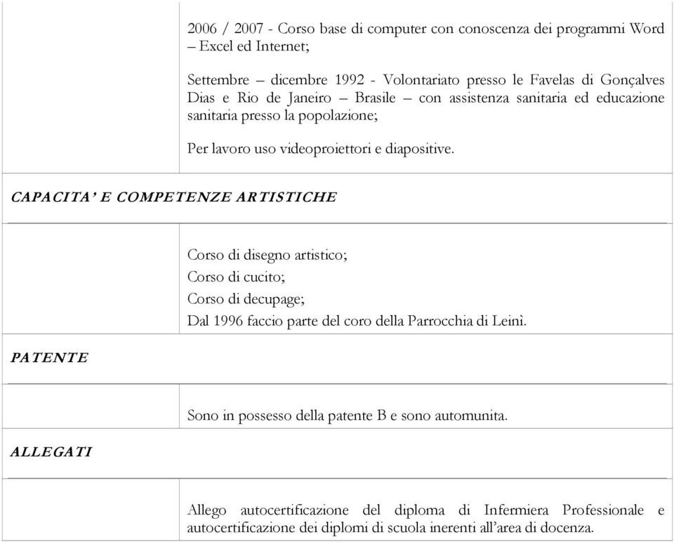 CAPACITA E COMPETENZE ARTISTICHE PATENTE Corso di disegno artistico; Corso di cucito; Corso di decupage; Dal 1996 faccio parte del coro della Parrocchia di Leinì.