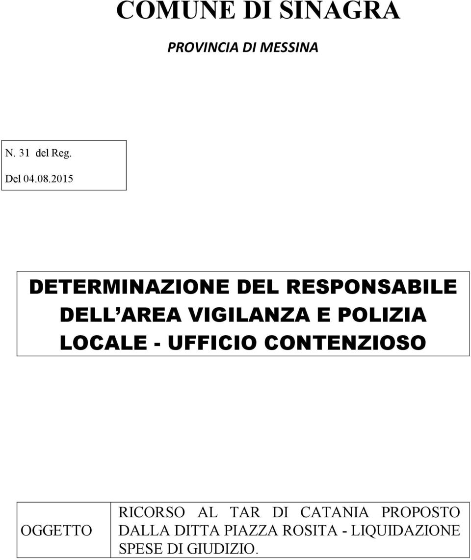 POLIZIA LOCALE - UFFICIO CONTENZIOSO OGGETTO RICORSO AL TAR