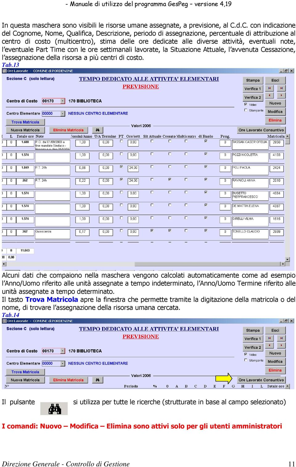 eventuali note, l eventuale Part Time con le ore settimanali lavorate, la Situazione Attuale, l avvenuta Cessazione, l assegnazione della risorsa a più centri di costo. Tab.