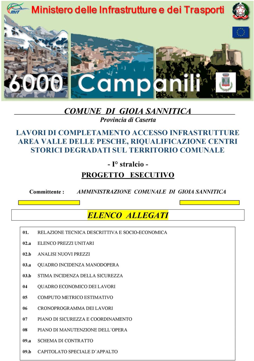 RELAZIONE TECNICA DESCRITTIVA E SOCIO-ECONOMICA 02.a ELENCO PREZZI UNITARI 02.b ANALISI NUOVI PREZZI 03.a QUADRO INCIDENZA MANODOPERA 03.