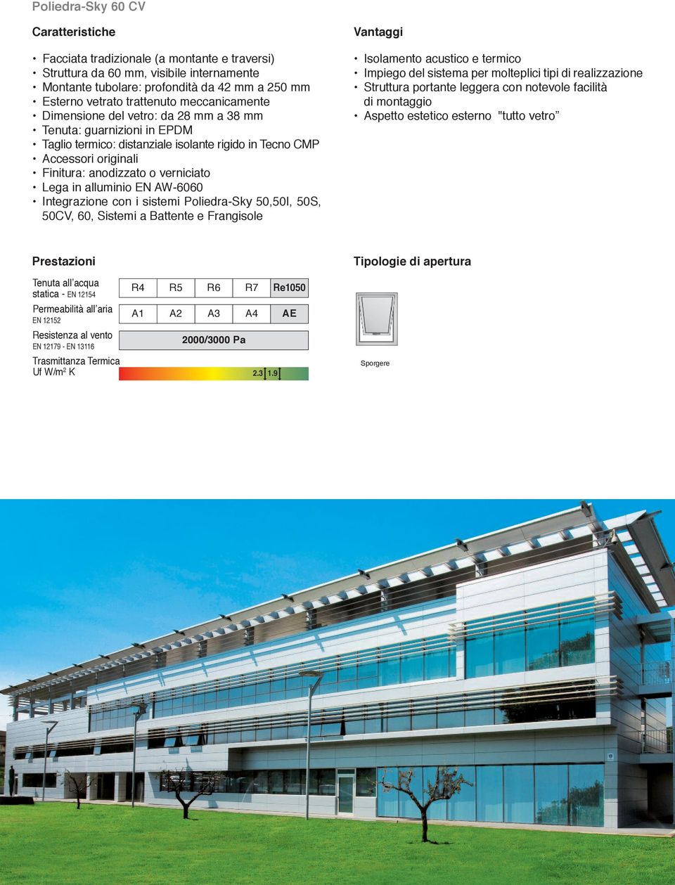 in alluminio EN AW-6060 Integrazione con i sistemi Poliedra-Sky 50,50I, 50S, 50CV, 60, Sistemi a Battente e Frangisole Vantaggi Isolamento acustico e termico Impiego del sistema per molteplici tipi