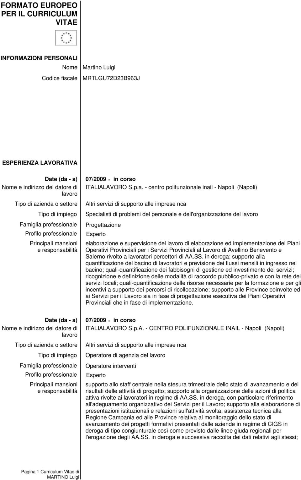 dell'organizzazione del Progettazione Esperto elaborazione e supervisione del di elaborazione ed implementazione dei Piani Operativi Provinciali per i Servizi Provinciali al Lavoro di Avellino