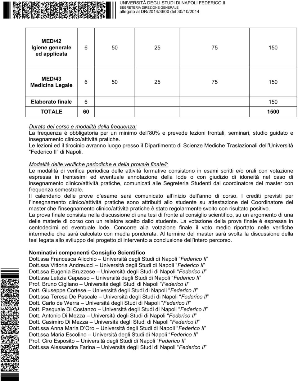 Le lezioni ed il tirocinio avranno luogo presso il Dipartimento di Scienze Mediche Traslazionali dell Università Federico II di Napoli.