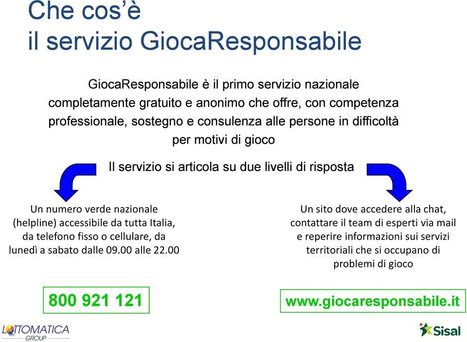 nazionale (helpline) accessibile da tutta Italia, da telefono fisso o cellulare, da lunedì a sabato dalle 09.00 alle 22.