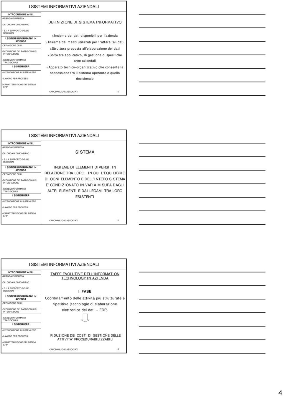 Apparato tecnico-organizzativo che consente la connessione tra il sistema operante e quello decisionale CAPODAGLIO E ASSOCIATI 10 I SISTEMI INFORMATIVI LI - E IMPRESA - INTRODUZIONE A SISTEMA INSIEME