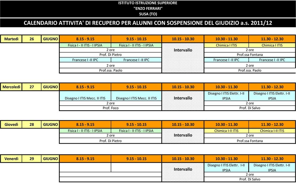 30 Disegno I ITIS Mecc. II ITIS Disegno I ITIS Mecc. II ITIS Prof. Foco Disegno I ITIS Elettr. I-II Disegno I ITIS Elettr. I-II Prof. Di Salvo Giovedì 28 GIUGNO 8.15-9.15 9.15-10.15 10.15-10.30 10.