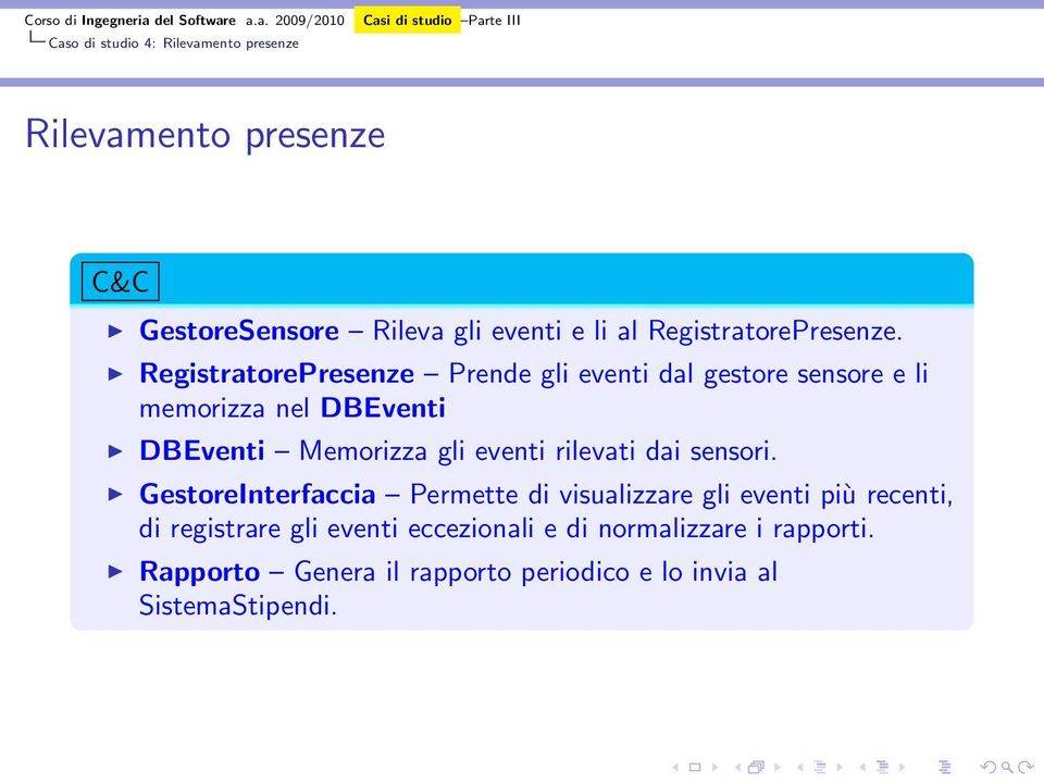 RegistratorePresenze Prende gli eventi dal gestore sensore e li memorizza nel DBEventi DBEventi Memorizza gli eventi