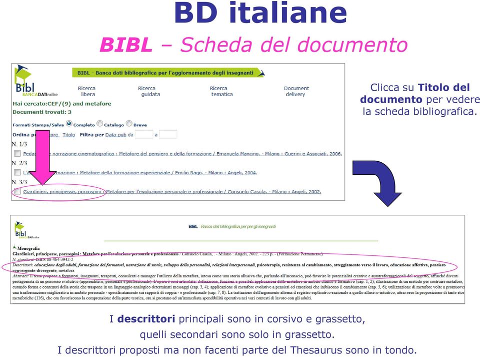 I descrittori principali sono in corsivo e grassetto, quelli